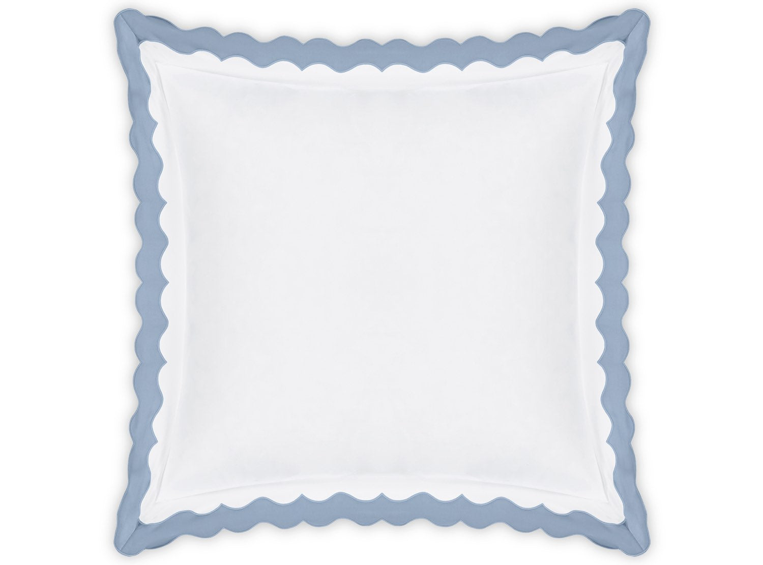 The Lorelei Bedding Collection in Hazy Blue by Matouk features a square white pillow crafted from luxurious Milano Egyptian cotton with an appliqué scallop light blue border. OEKO-TEX® Standard 100 certified, shown on a plain white background.