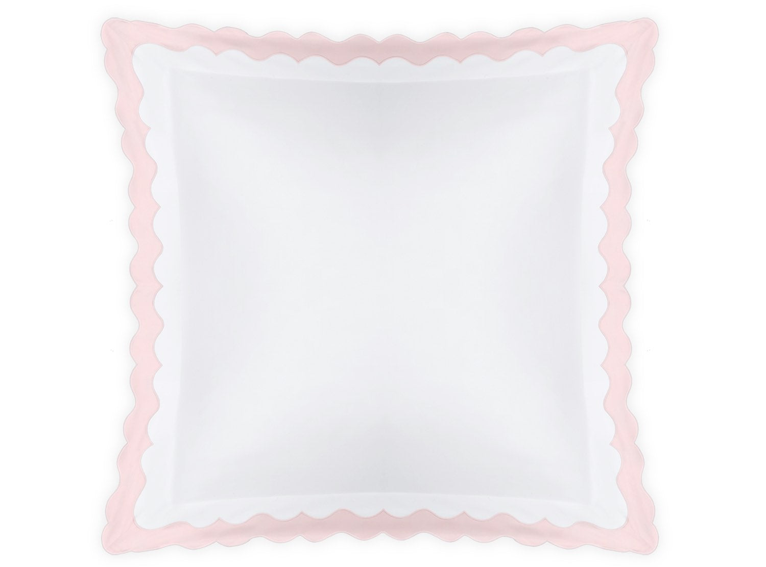 Square white pillow from the Lorelei Bedding Collection, Pink by Matouk, featuring a light pink scalloped border and crafted from luxurious Milano Egyptian cotton with a smooth 600 thread count, shown on a white background.
