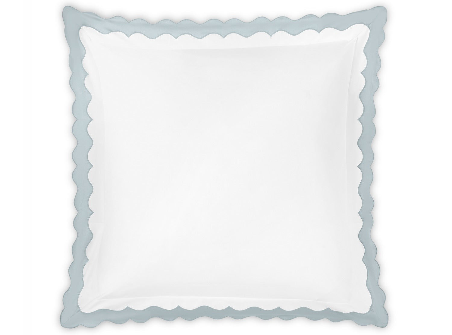 A white square pillow from the Matouk Lorelei Bedding Collection, Pool by Matouk, features a light blue applique scallop edge for an artisanal look.