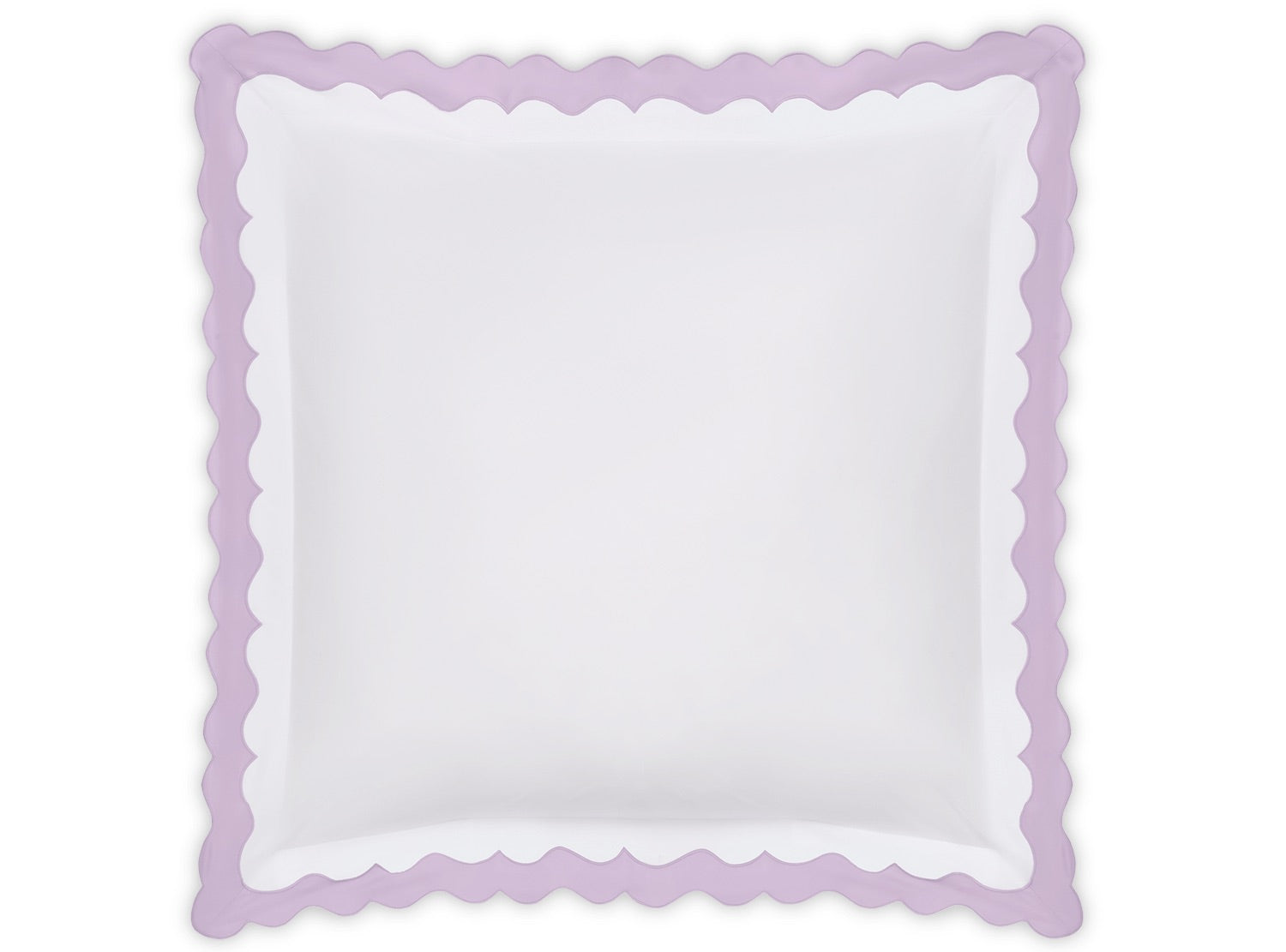 The Matouk Lorelei Bedding Collection in Violet features a square white pillow with a scalloped lavender edge, crafted from luxurious Milano Egyptian cotton against a plain background.