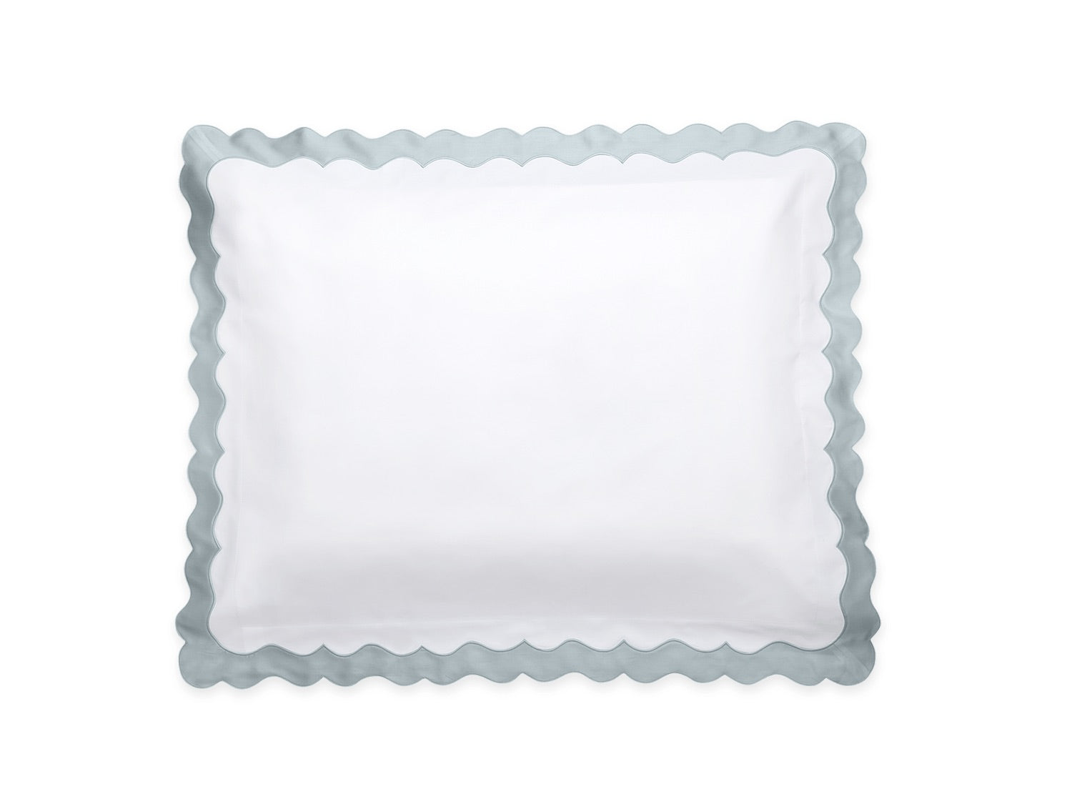 A square pillow from the Lorelei Bedding Collection by Matouk, crafted from luxurious 600 thread count Egyptian cotton in white, features a wavy light blue appliqué scallop border and is photographed on a plain white background.