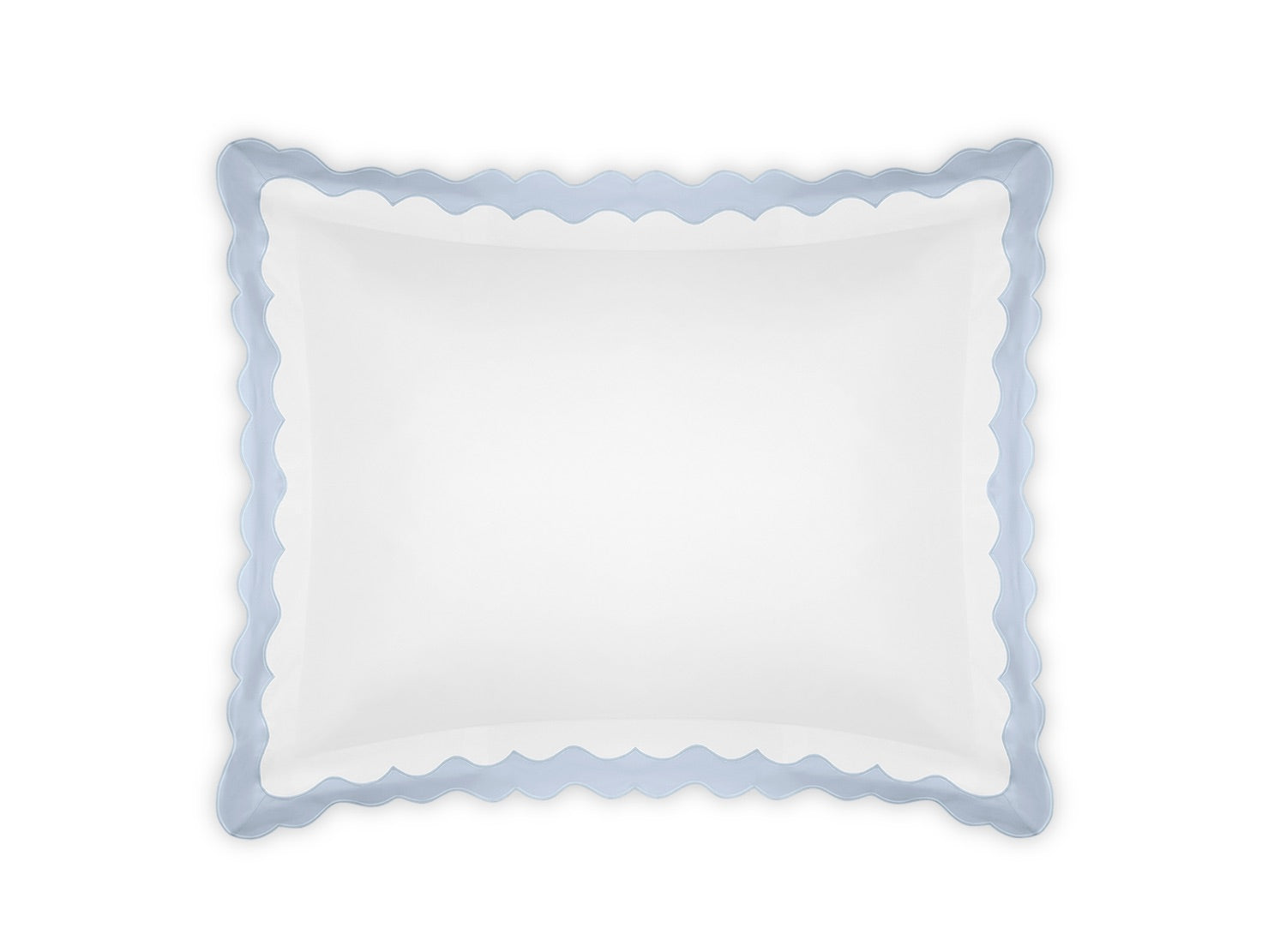 Rectangular white pillowcase from the Matouk Lorelei Bedding Collection, expertly crafted from luxurious 600 thread count Egyptian cotton and adorned with a delicate light blue appliqué scallop edge, shown against a plain white background.