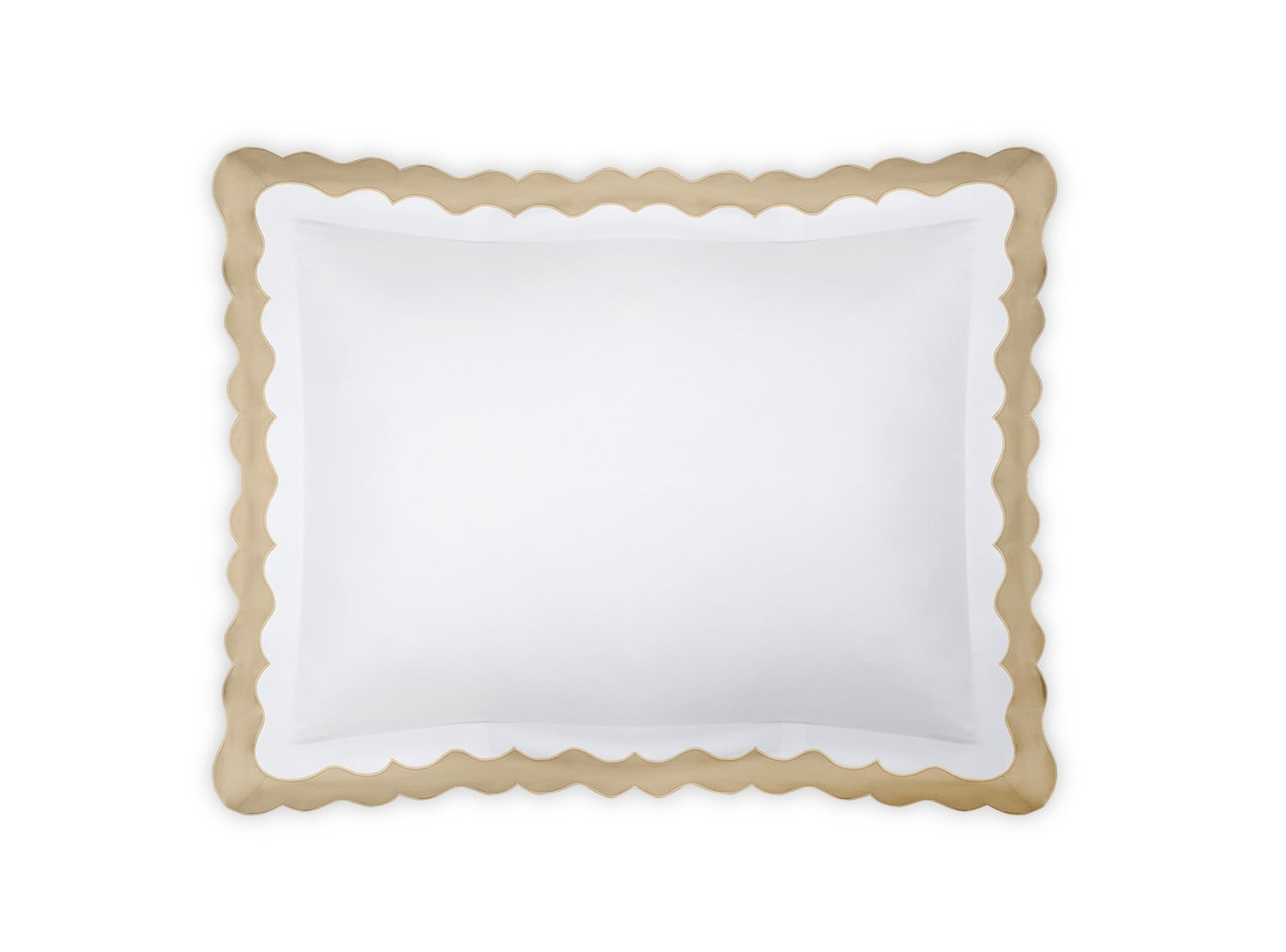 The Lorelei Bedding Collection square white pillow by Matouk, crafted from luxurious Egyptian cotton and featuring a beige appliqué scallop border, is shown against a white background and viewed from above.