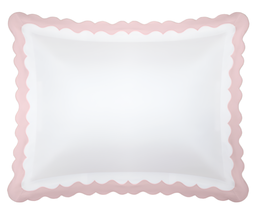 The Matouk Lorelei Bedding Collection, Pink, features a square white pillow with a pink scalloped border, crafted from Milano Egyptian cotton (600 thread count) and OEKO-TEX® certified, shown from above on a white background.