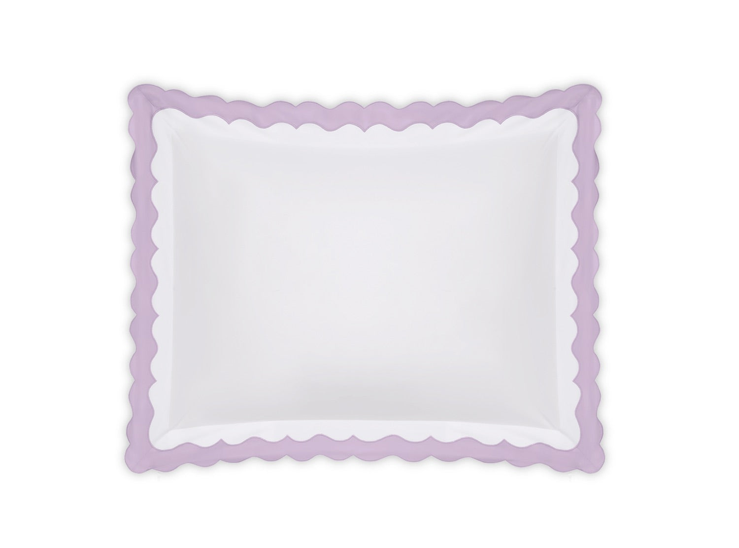 Rectangular white pillow from the Lorelei Bedding Collection by Matouk, featuring an appliqué scallop lavender border and crafted from luxurious 600 thread count Egyptian cotton, shown viewed from above on a plain white background.