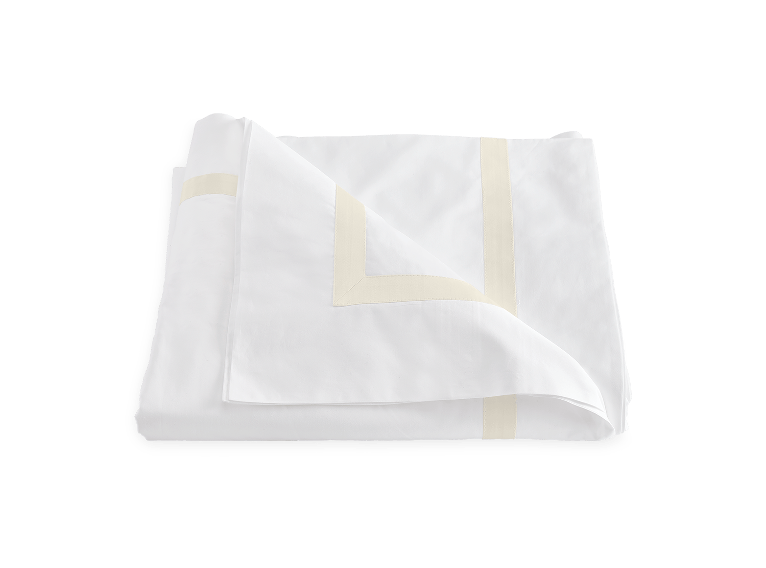 The Lowell Bedding Collection in Ivory by Matouk features a folded Egyptian cotton percale bedsheet with a beige geometric border, shown on a white background—ideal for anyone seeking luxury bedding.