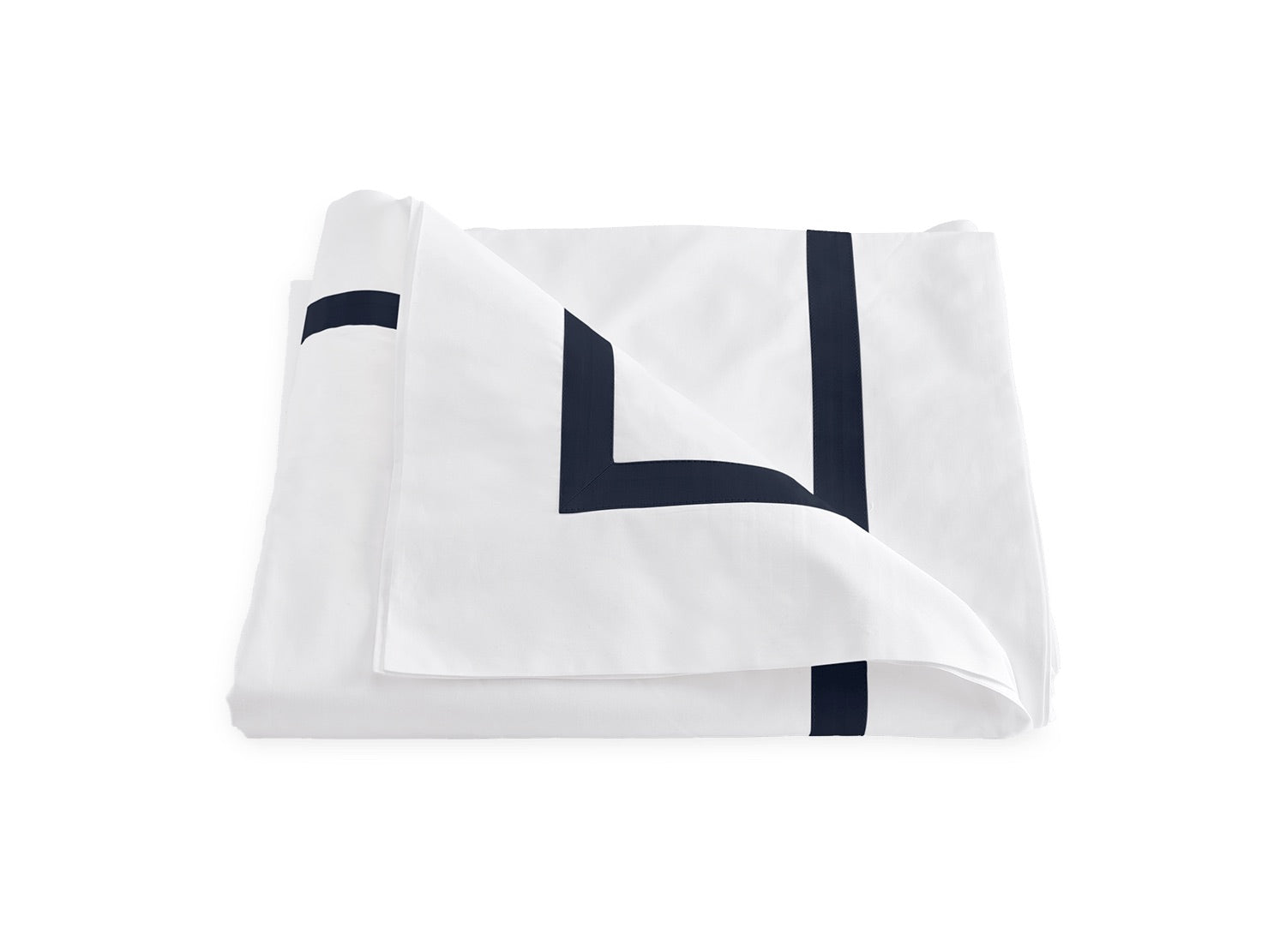 A folded white bed sheet from the Matouk Lowell Bedding Collection, featuring a dark navy geometric border and crafted from luxurious 600 thread count Egyptian cotton percale, displayed on a plain white background.