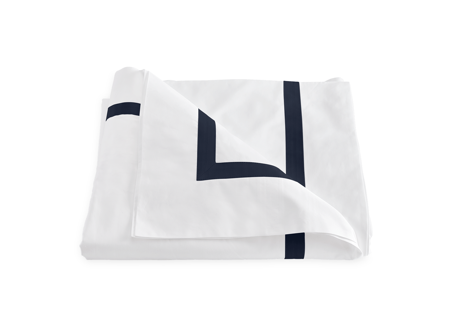 The Lowell Bedding Collection in Navy by Matouk features a crisp white sheet with a navy border, made of luxurious 600 thread count Egyptian cotton percale—the perfect touch for your navy blue bedding ensemble.