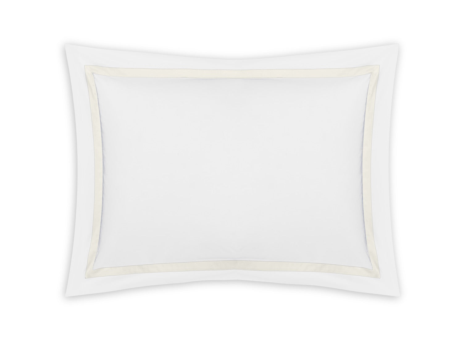 Here’s a rewritten version using your product data: A rectangular white pillow from the Matouk Lowell Bedding Collection, featuring a beige border and crafted from luxurious 600 thread count Egyptian cotton percale, shown on a white background.