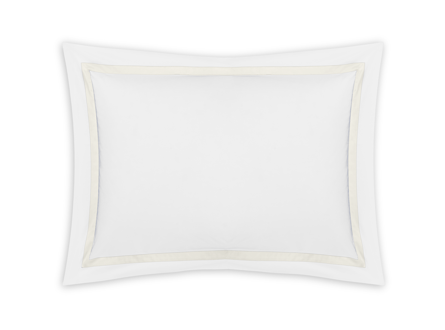 The Matouk Lowell Bedding Collection pillowcase in ivory features a rectangular shape with a thin beige sateen tape border, crafted from luxurious Egyptian cotton percale, and is shown on a plain white background.