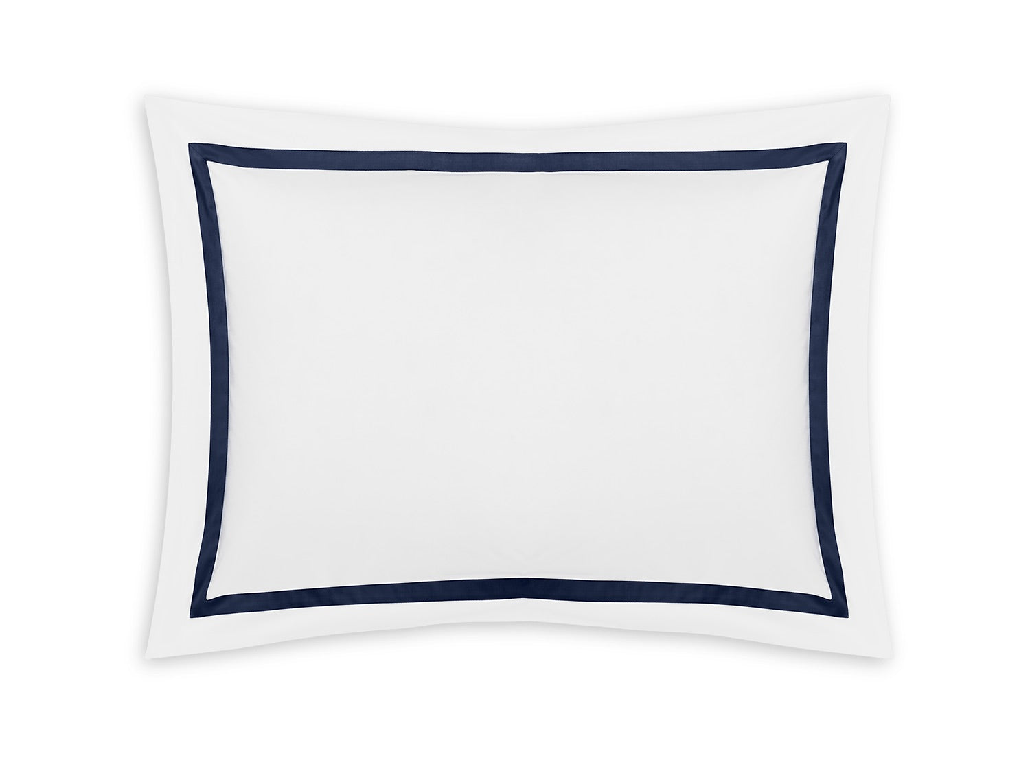 The Matouk Lowell Bedding Collection pillow sham features a crisp white rectangular design accented by a deep blue border, expertly crafted from luxurious 600 thread count Egyptian cotton percale—an elegant addition to any luxury bedding ensemble.