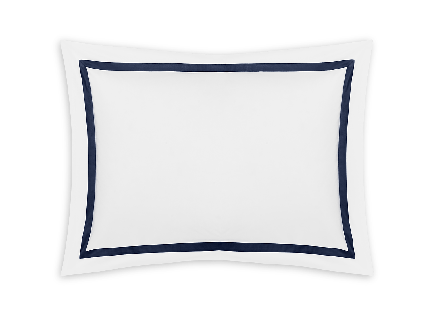 A white rectangular pillowcase from the Matouk Lowell Bedding Collection, Navy, features a dark blue border and is crafted from luxurious 600 thread count Egyptian cotton percale.