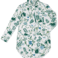 The Matouk Luca Palmyra Emerald Sleep Shirt features a long-sleeve, button-up oversized fit with a green and blue tropical floral print on white and a chest pocket.