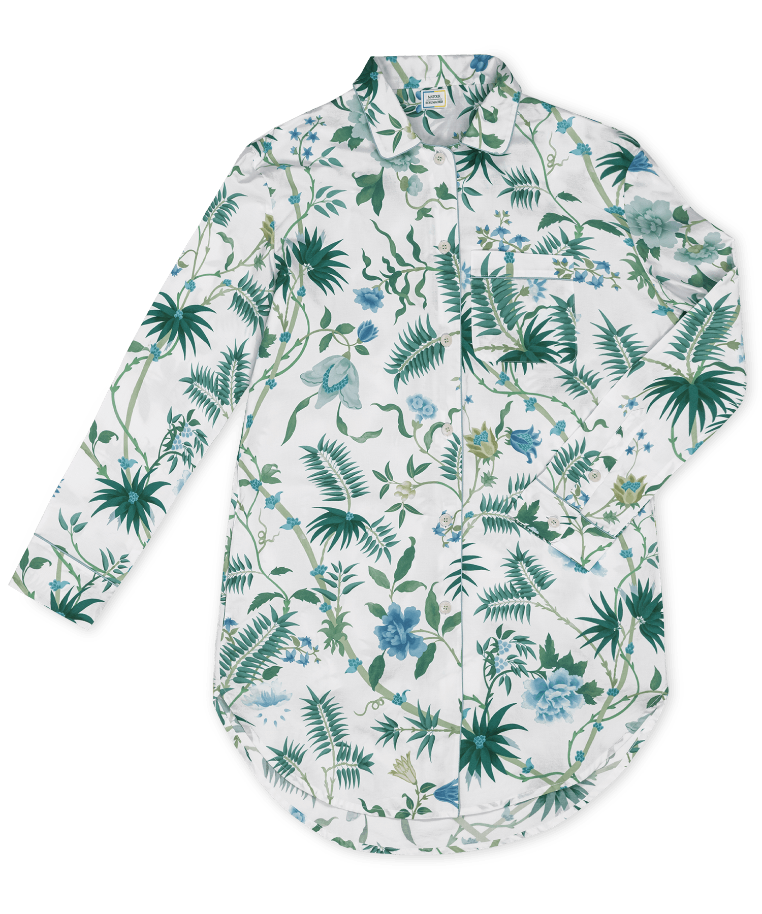 The Matouk Luca Palmyra Emerald Sleep Shirt features a long-sleeve, button-up oversized fit with a green and blue tropical floral print on white and a chest pocket.