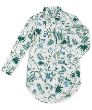 The Matouk Luca Palmyra Emerald Sleep Shirt features a long-sleeve, button-up oversized fit with a green and blue tropical floral print on white and a chest pocket.