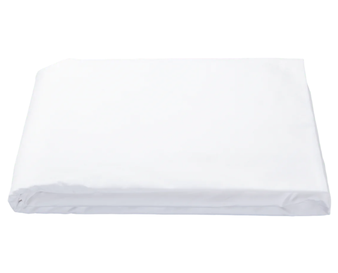The Matouk Luca 14" Fitted Sheet Collection in white, made from luxurious Egyptian cotton, is neatly folded and displayed on a plain white background.