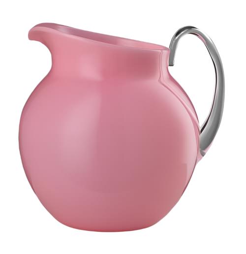 A round, pink Pallina Acrylic Pitcher by Mario Luca Giusti features a shiny metallic handle and sits against a white background—a stylish accent for any tablescape.