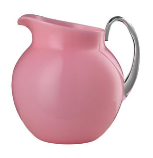 A round, pink Pallina Acrylic Pitcher by Mario Luca Giusti features a shiny metallic handle and sits against a white background—a stylish accent for any tablescape.