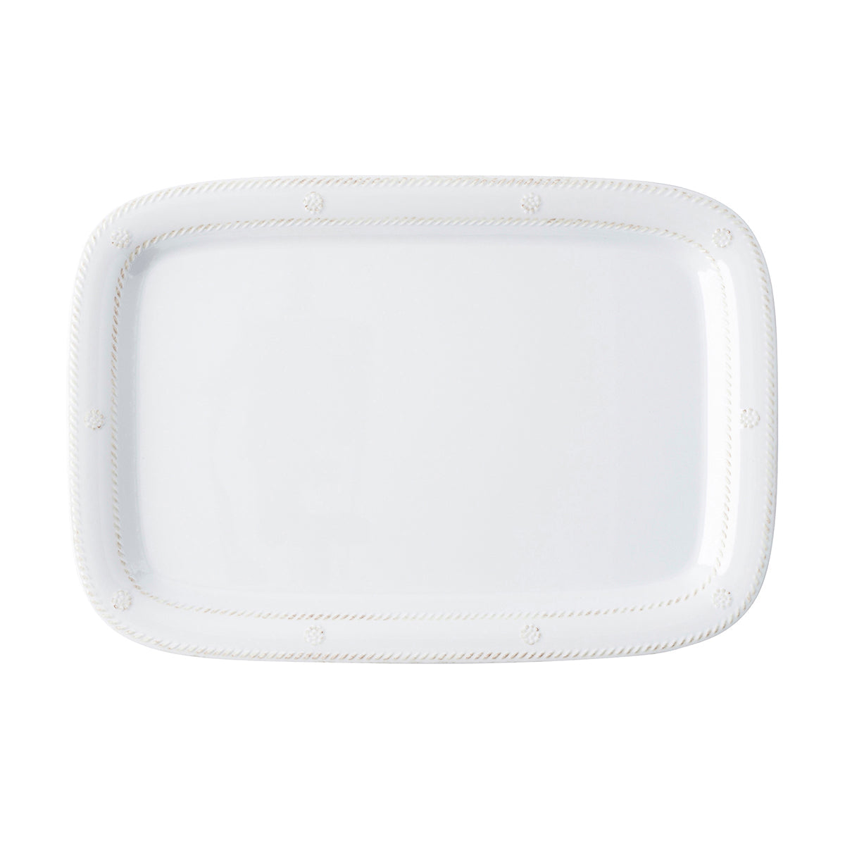The Berry & Thread Melamine Whitewash serving platter by Juliska features a rectangular white design with a subtle border—shown from above on a plain background—perfect for elevating your durable dinnerware collection.