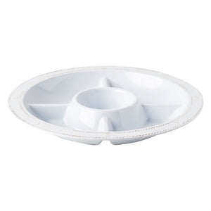 The Juliska Berry & Thread Melamine Whitewash Dinnerware and Serveware Collection features a round white divided serving platter with five outer sections and a central compartment—ideal for stylish, durable presentations.