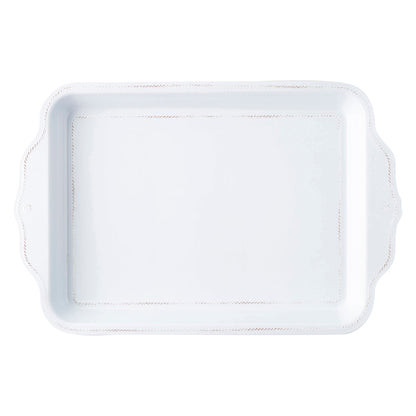 Rectangular serving tray from Juliska’s Berry & Thread Melamine Whitewash Collection features raised edges, decorative side handles, and a signature motif—crafted from durable melamine and viewed from above.
