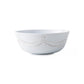 Juliska's Berry & Thread Melamine Whitewash Dinnerware and Serveware Collection features a white bowl with an embossed swag pattern, combining the elegance of fine dinnerware with the durability of melamine. Set against a plain white background.
