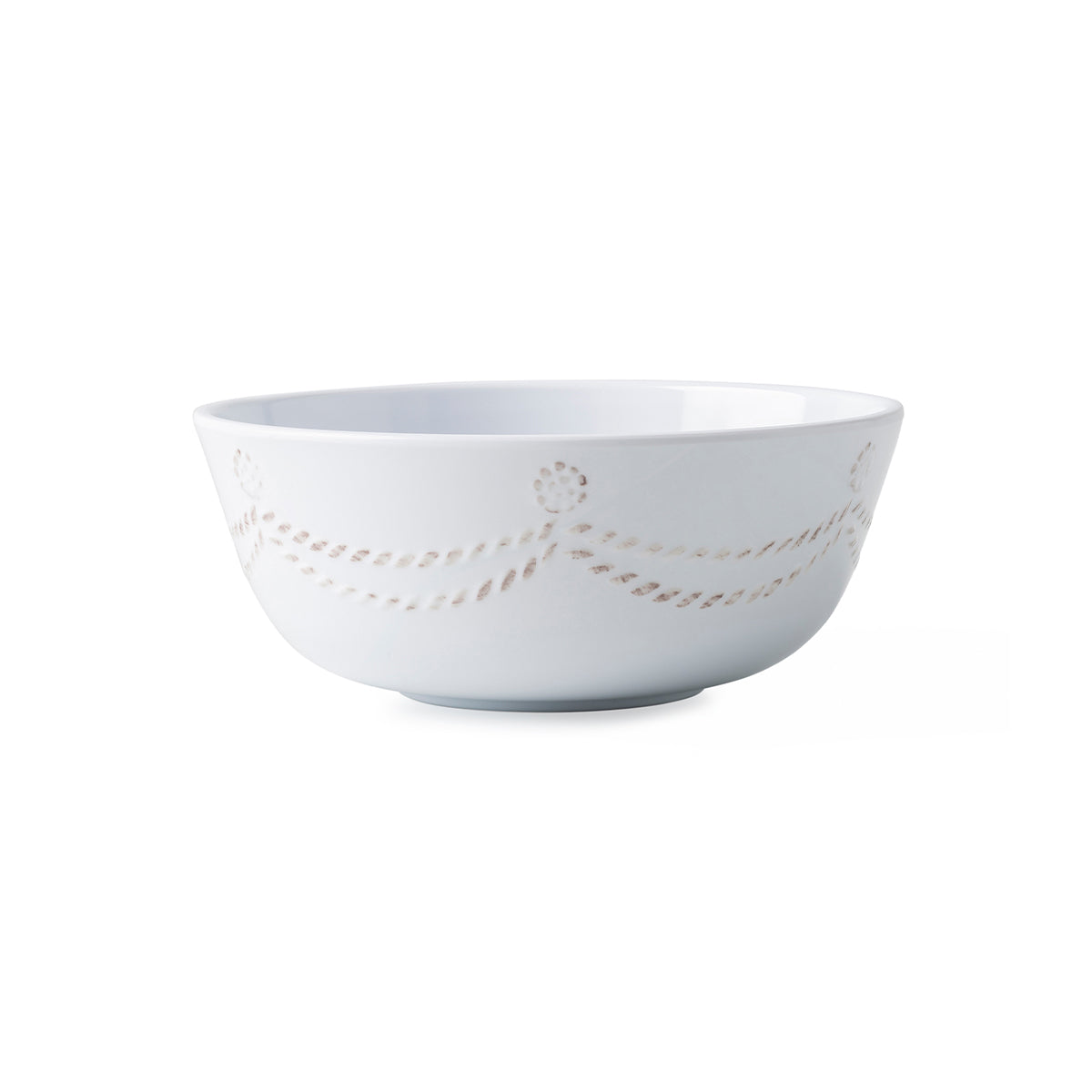 Juliska's Berry & Thread Melamine Whitewash Dinnerware and Serveware Collection features a white bowl with an embossed swag pattern, combining the elegance of fine dinnerware with the durability of melamine. Set against a plain white background.