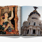An open book from Assouline's "Madrid Chic" collection displays an ornate painting on the left page, embodying rich cultural expression, with the right page showcasing Madrid's iconic Metropolis Building.