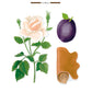 Illustration of a white rose, green leaves, purple plum, and rolled brown leather. Text: "Marble: Leather - Rose - Plum. Leathery." Inspired by hand-blown glass. Baobab Collection Stones Marble Candle by Baobab.