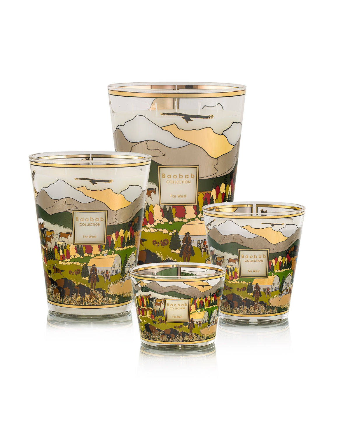 Baobab Collection Far West Candles in four sizes featuring an aromatic woody fragrance, decorated with a colorful mountain landscape, horses, buildings, and people, finished with a gold rim.