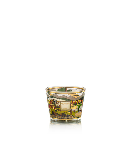 Baobab Collection Far West candle holder in glass, decorated with a Western landscape illustration featuring mountains, trees, and small figures.
