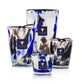 Four hand-blown Baobab Collection Halona Blue World candles of varying sizes, featuring a marbled blue, black, and white design with a navy blue square label on each.