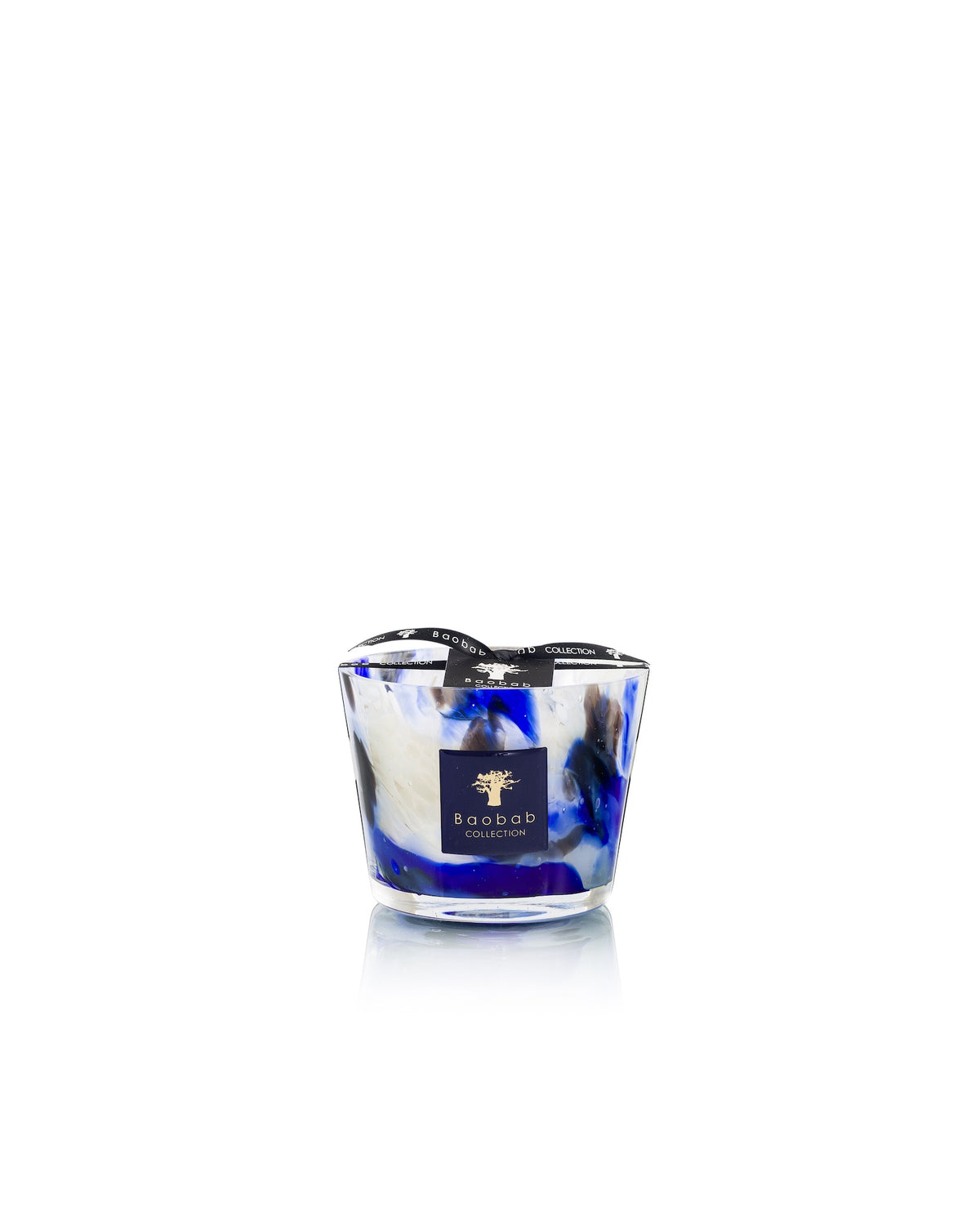 Baobab Collection Halona Blue World hand-blown glass candle holder with a blue, white, and black marbled pattern and a square logo label on the front.