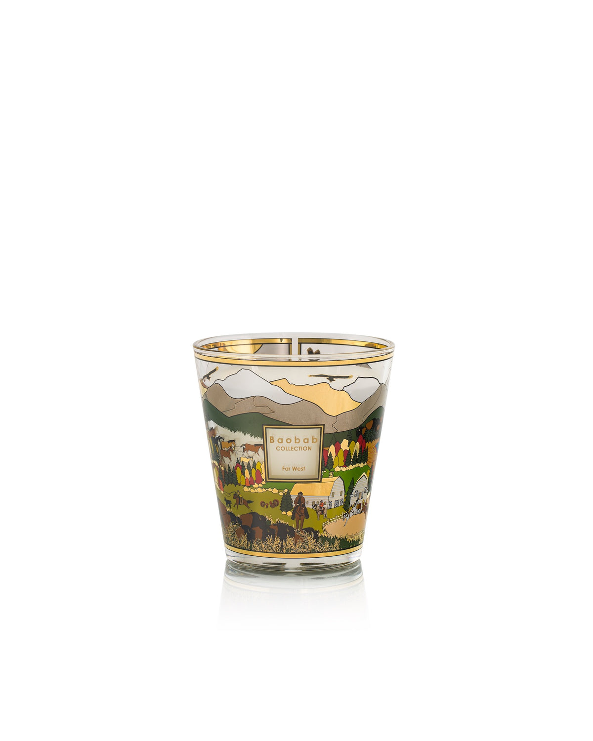Baobab Collection Far West candle jar featuring a colorful landscape illustration of a Western town, mountains, and figures on horseback.