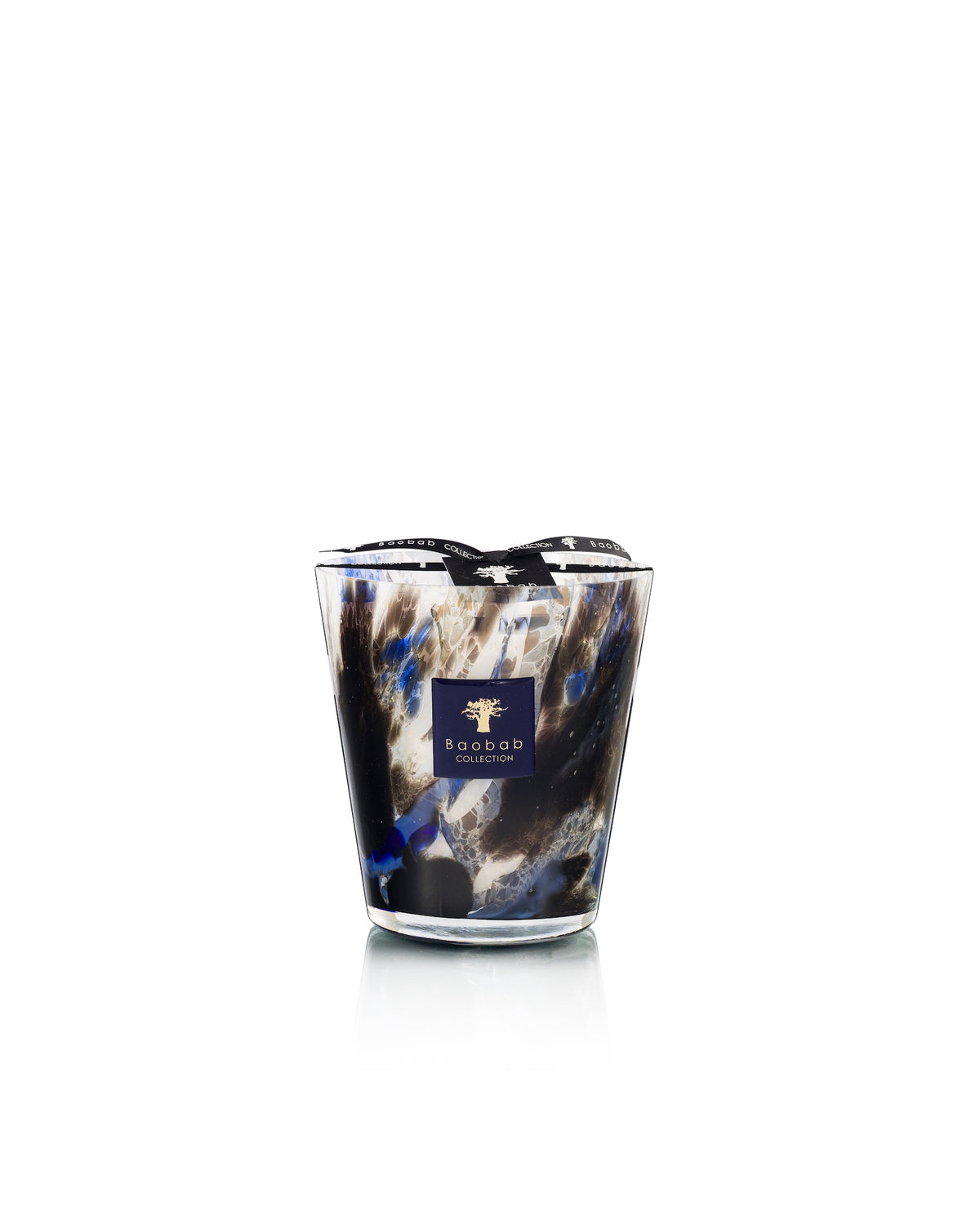 Baobab Collection Halona Blue World hand-blown glass candle holder with a marbled blue, black, and white pattern, featuring a navy blue label with a gold tree icon and text.