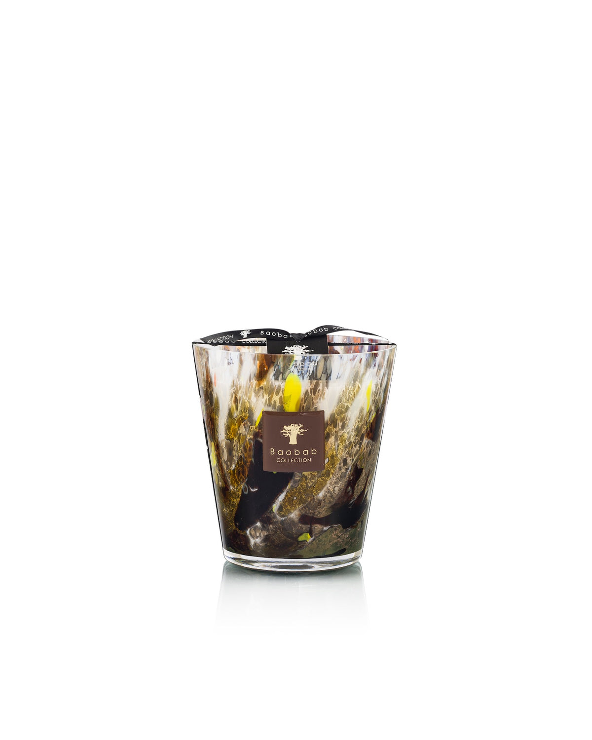 Baobab Collection Halona Yellow World Candle in a hand-blown glass vessel with a multicolored abstract pattern and a square logo patch on the front.