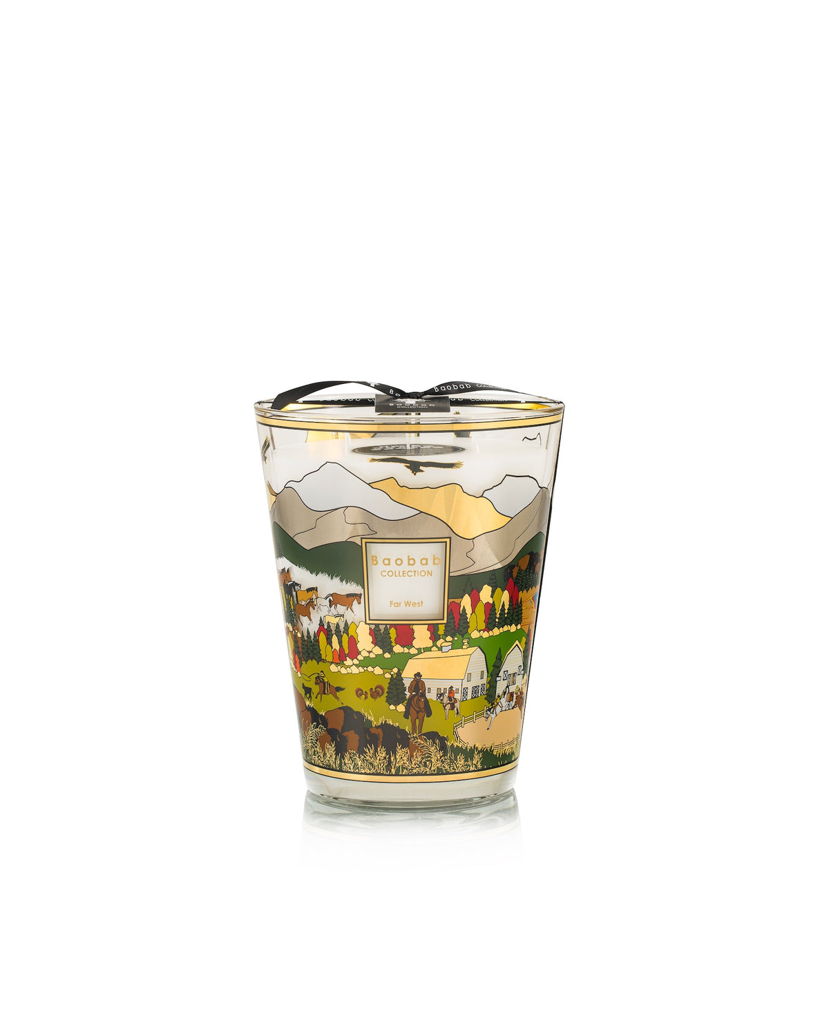 Baobab Collection Far West candle jar decorated with a colorful illustration of a Western landscape featuring mountains, horses, and farm buildings.