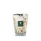 Baobab Collection Halona White World Candle, a hand-blown glass vessel with brown and black flecks, featuring a dark green square label with a tree logo and artisan fragrance text.