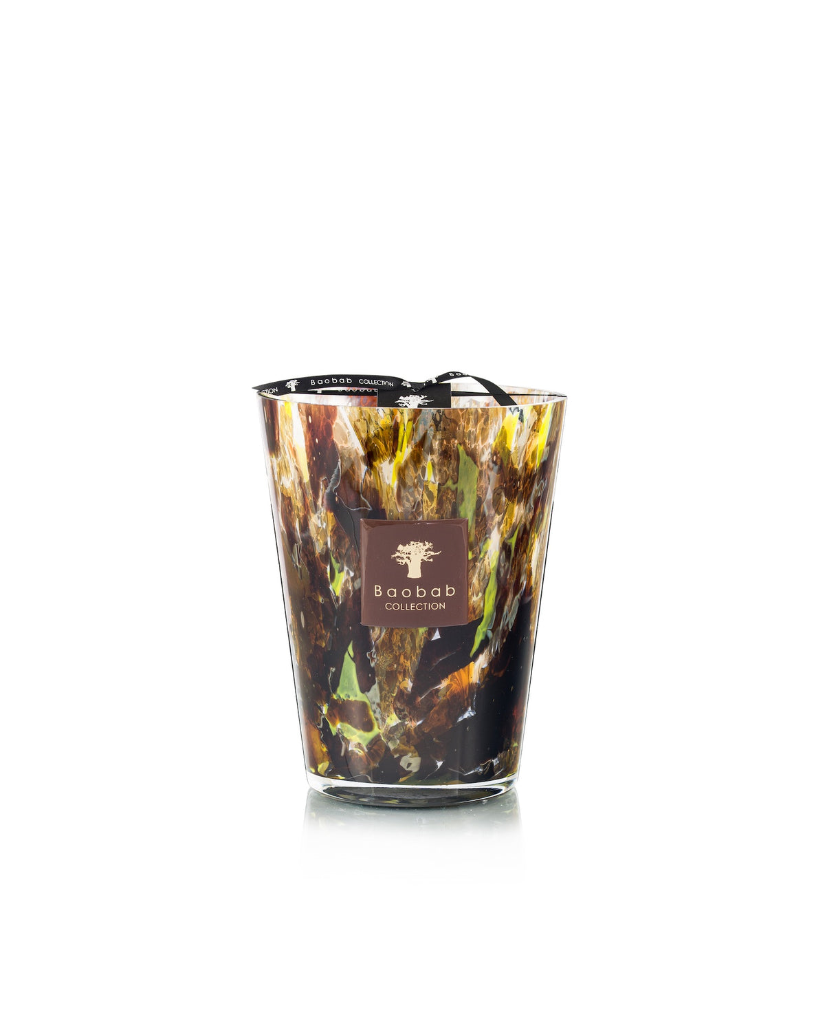 Baobab Collection Halona Yellow World hand-blown glass candle holder with a yellow, brown, and black mottled pattern and a brown square label featuring a tree icon and text.