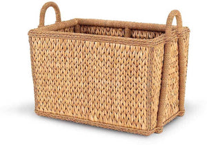 The Sweater Weave Mud Room Basket by Mainly Baskets Home is a rectangular, handmade rattan basket with handles on both ends, showcasing a natural straw-like weave and an open top—perfect for elegant and stylish storage solutions. Set against a plain white background.