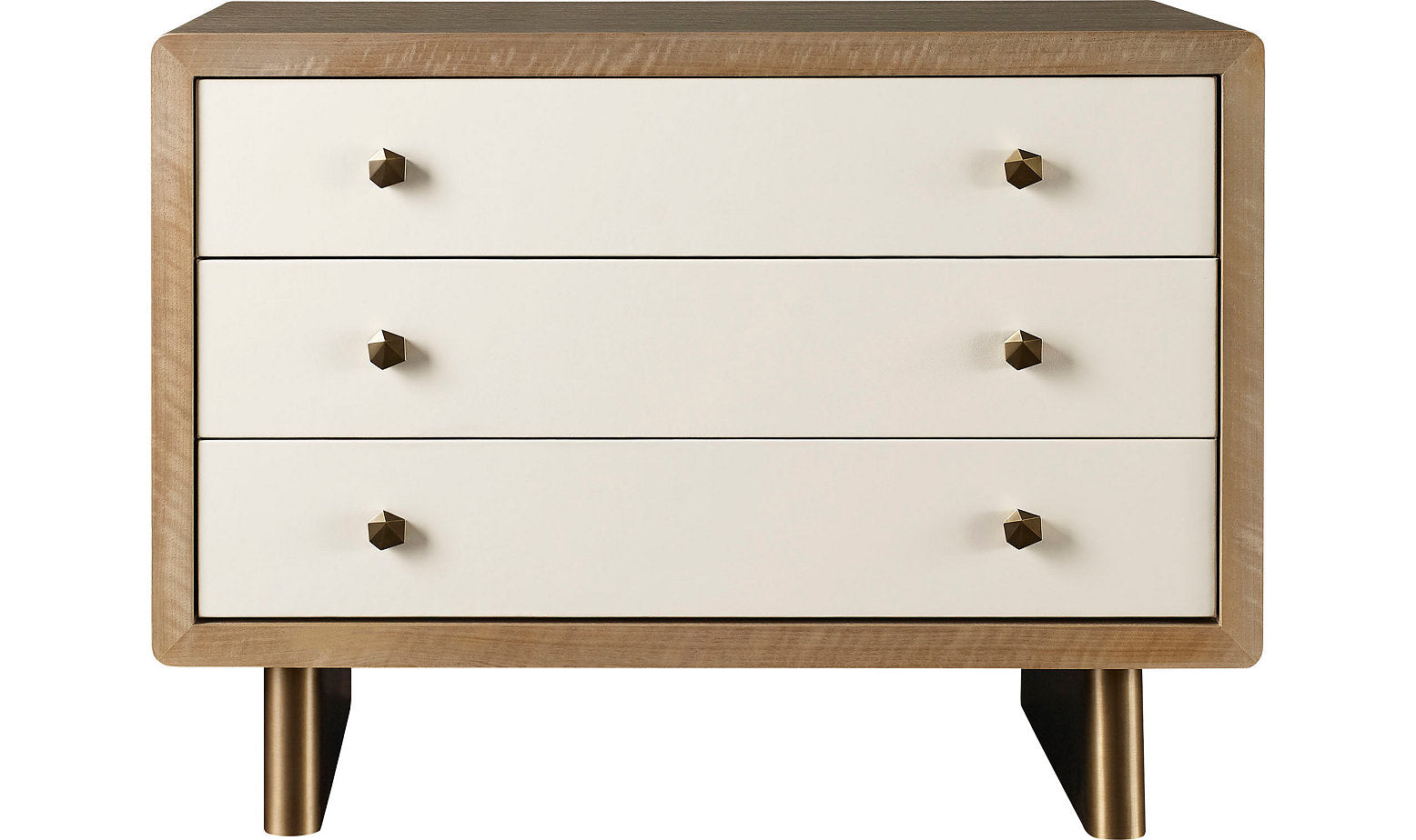 A modern wooden Waterfall Nightstand with a refined finish features three white drawers, each adorned with two gold knobs. Standing on short gold legs, this elegant piece by McGuire Furniture effortlessly combines style and functionality.