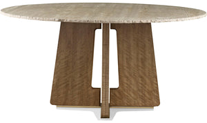 A round Calistoga Dining Table with a travertine stone top and wooden base, featuring a modern, minimalist design by McGuire Furniture.