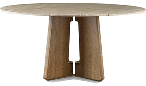 A round wooden table with a smooth top and geometric base featuring a cutout in the center, reminiscent of West Palm Beach elegance, the Calistoga Dining Table by McGuire Furniture.