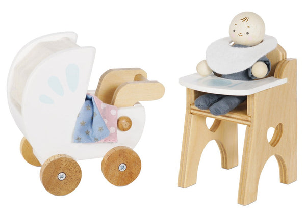 A wooden baby carriage and a baby doll, perfect for pretend play in a nursery furniture setting by Le Toy Van.