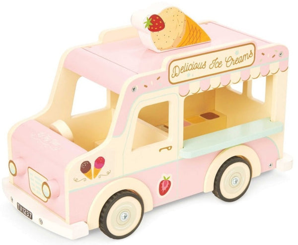 A wooden toy ice cream van is shown on a white background.
