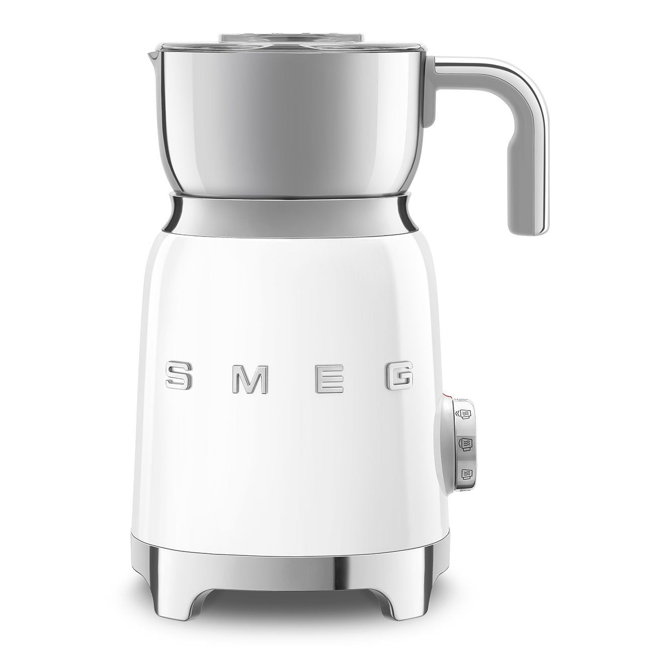 The SMEG Milk Frother Collection by Smeg includes a white milk frother with a stainless steel carafe, using an induction system for ideal heating. It features a multifunction knob and front control buttons, plus a right-side handle for easy use.