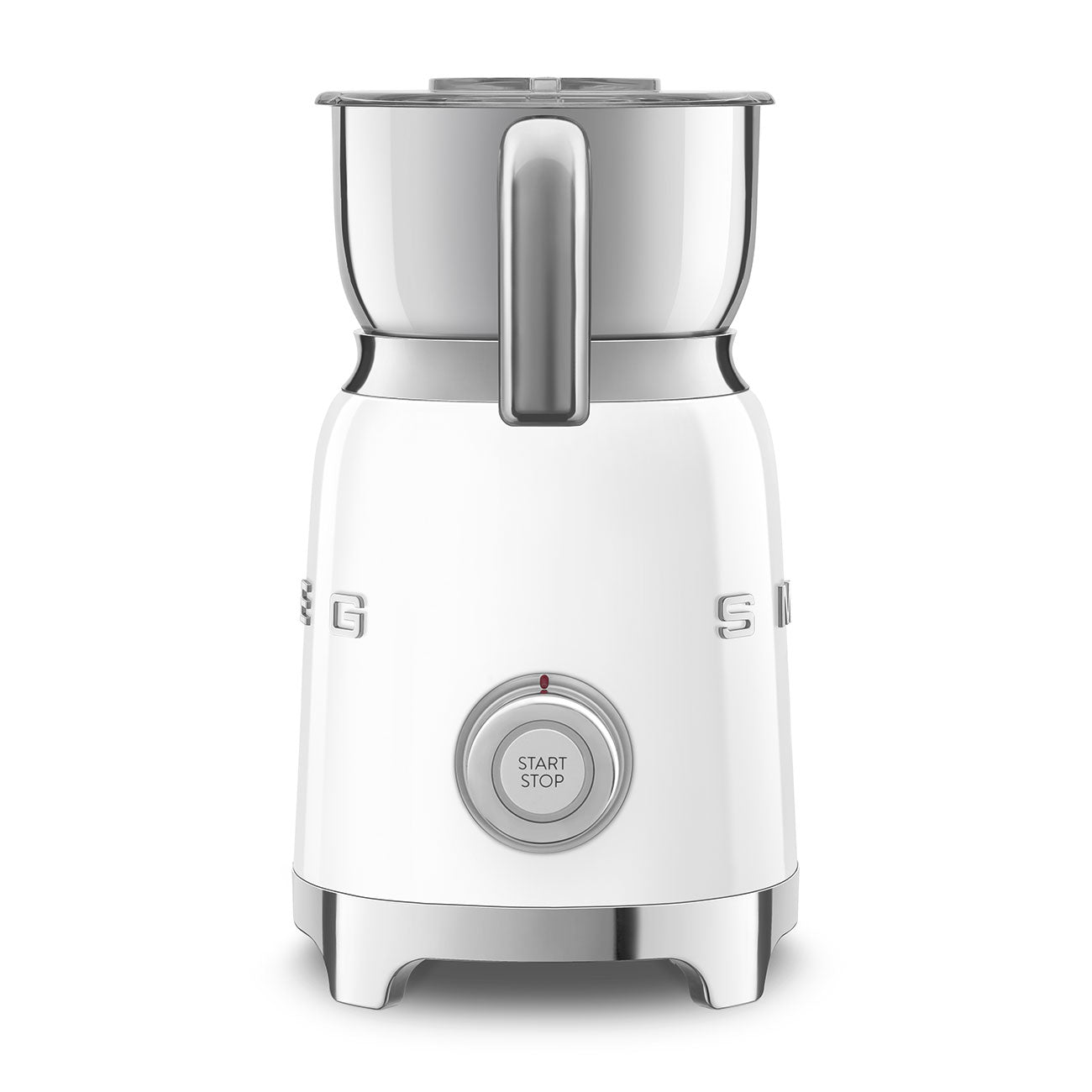 The SMEG Milk Frother Collection by Smeg is a white electric frother with a stainless steel carafe, featuring a start/stop button on the front and a side handle.