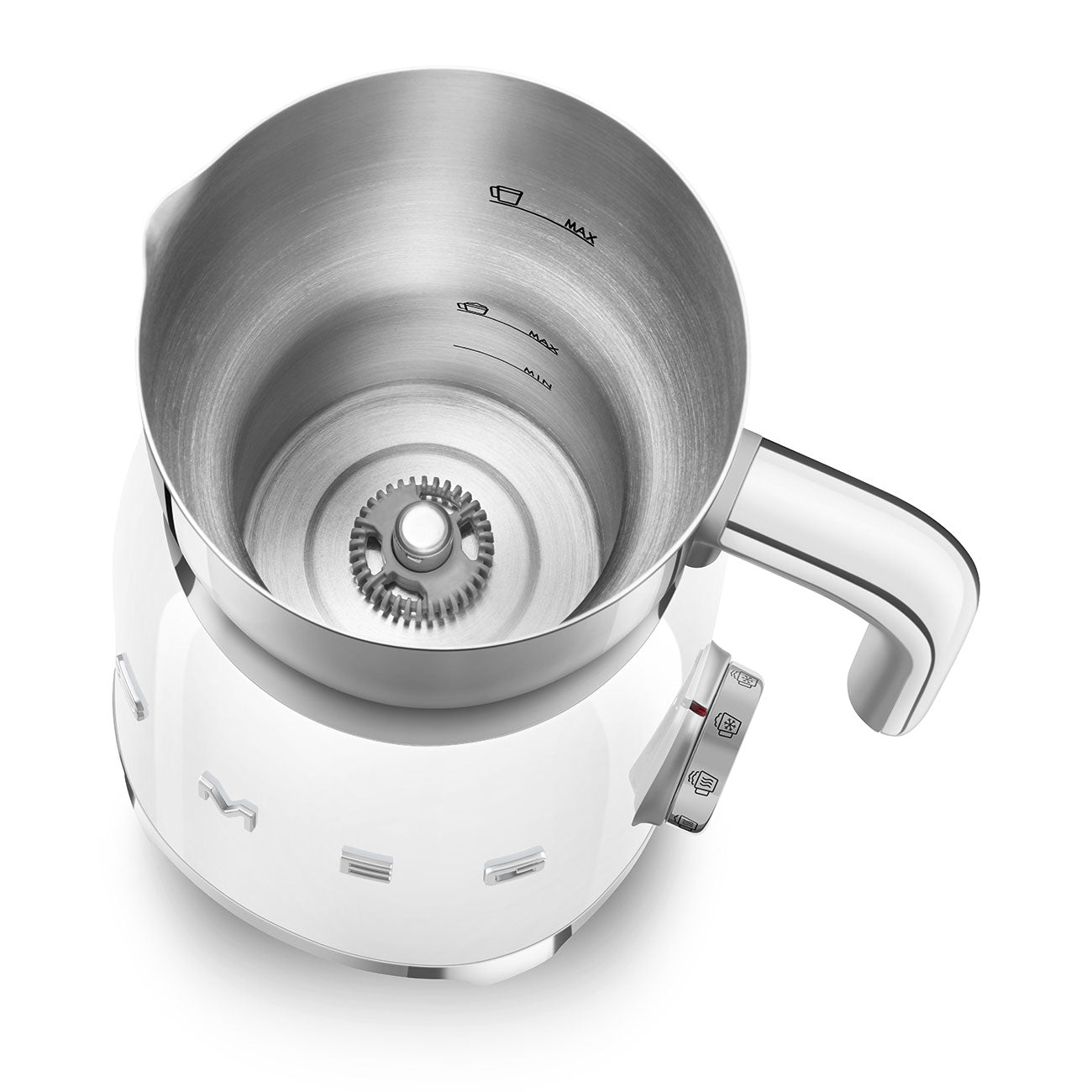 The SMEG Milk Frother Collection by Smeg features a white electric design with a stainless steel carafe, measurement markings, and control buttons on the handle.