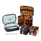 Four travel organizer bags from the Stephanie Johnson Miami Tortoise Travel Collection, featuring tortoiseshell and black designs with faux-leather trim and clear compartments. Bags shown open and closed. Text: "Chloe Travel Organizer.