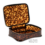 Showcase the Stephanie Johnson Miami Tortoise Travel Collection: a jumbo makeup case featuring brown and black tortoiseshell design, clear panels, and faux-leather trim—an ideal, stylish travel organizer set against a white backdrop.